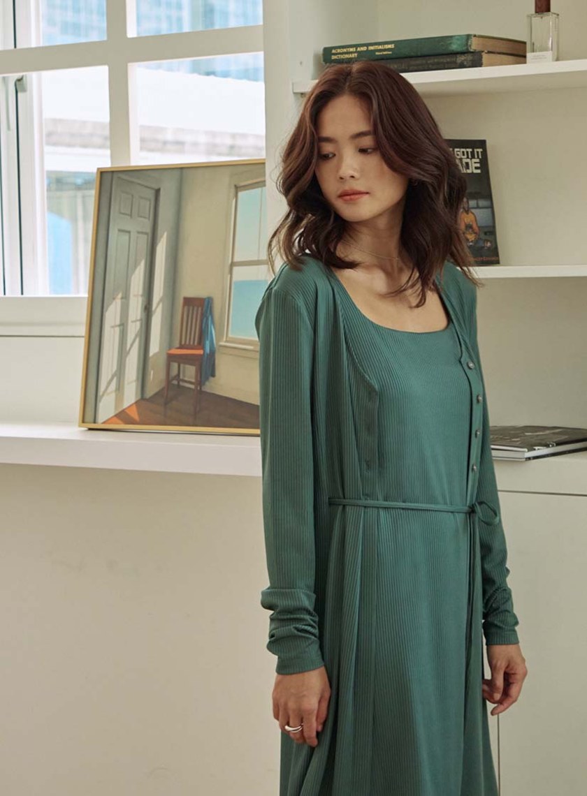 V領坑條細綁帶長袖罩衫